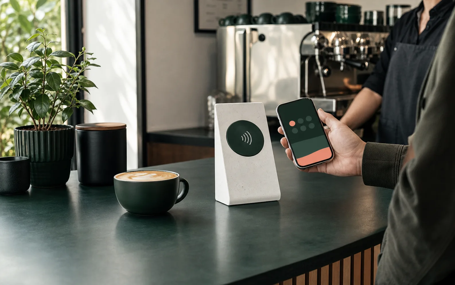 Stojak NFC Stampik przy ladzie kawiarni